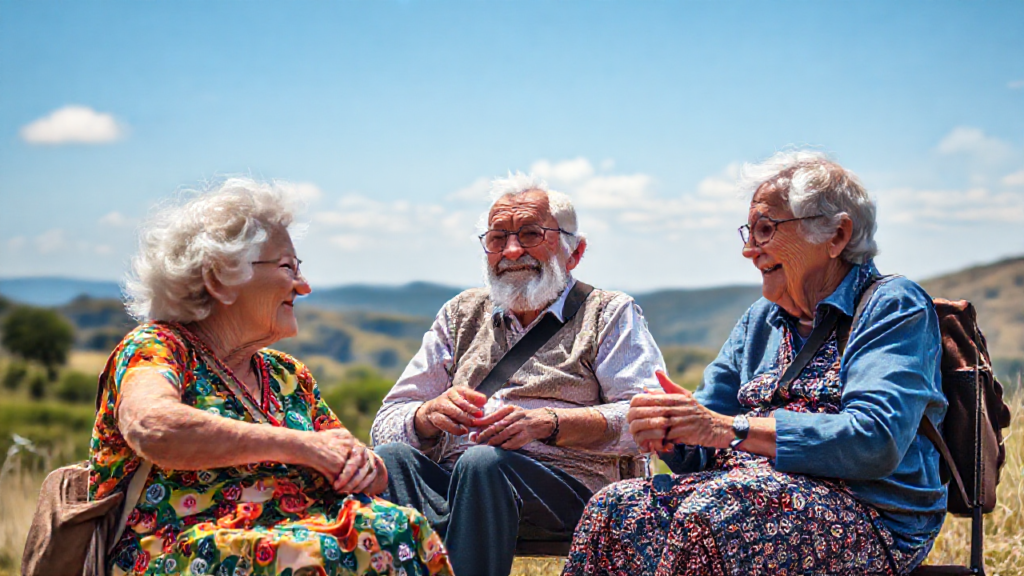 Idosos participando de uma excursão gratuita ao ar livre.