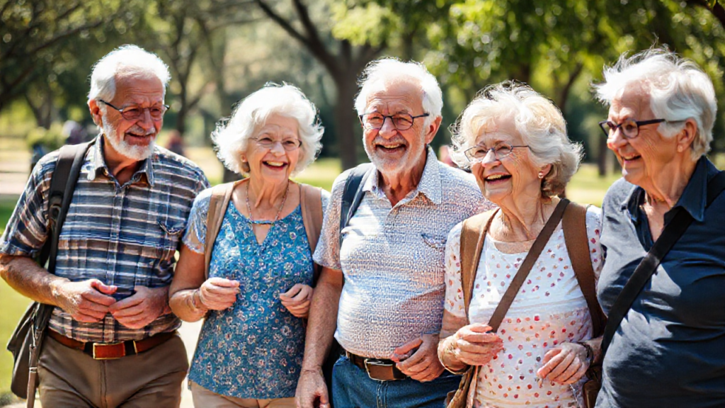 Grupo de idosos em uma excursão ao ar livre, felizes e socializando.