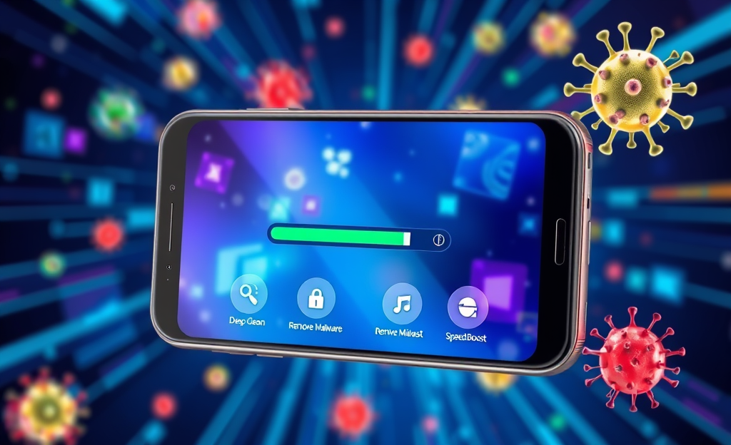 Imagem de um aplicativo que limpa vírus do celular, mostrando interface limpa e segura.