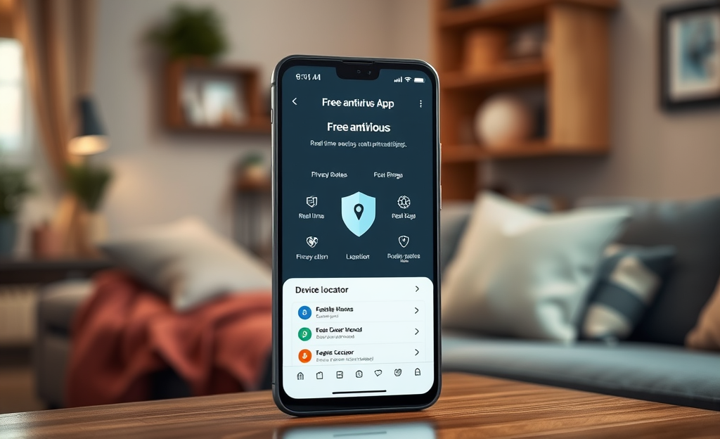 Imagem de um celular com um aplicativo antivírus gratuito em destaque, simbolizando segurança e proteção contra malware.