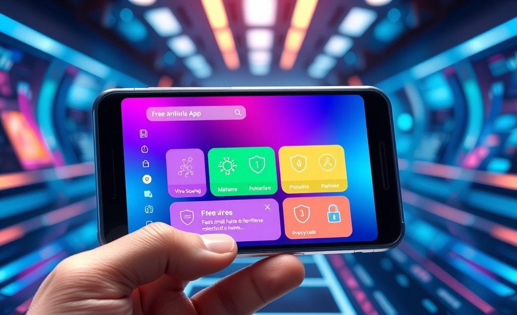 Imagem de um celular com aplicativo antivírus gratuito em destaque.