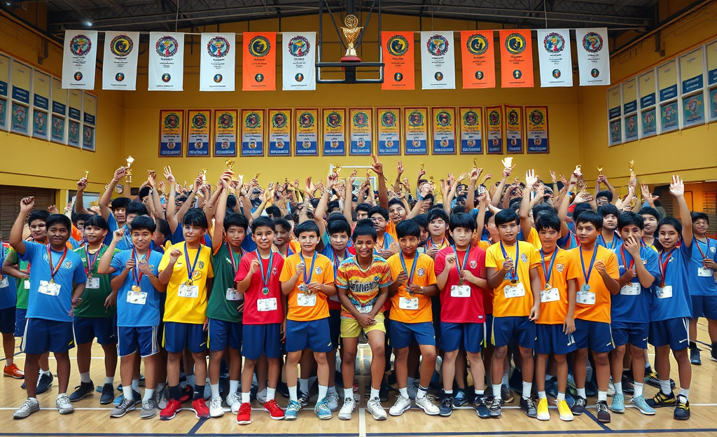 Estudantes de Poços de Caldas celebram conquistas nos Jogos Escolares com medalhas e troféus, destacando-se em várias modalidades esportivas.