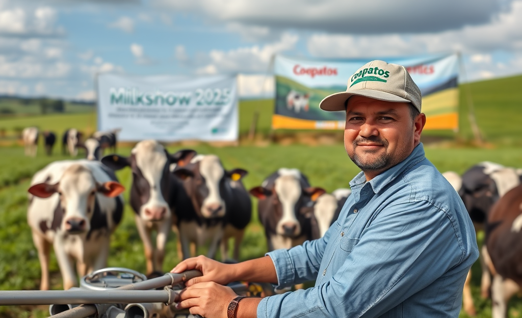 Imagem ilustrativa sobre a inovação na produção de leite pela Coopatos, destacando tecnologias e práticas de bem-estar animal.