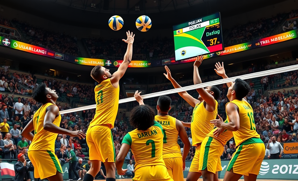 Seleção brasileira masculina de vôlei celebra vitória sobre a Polônia na Liga das Nações.