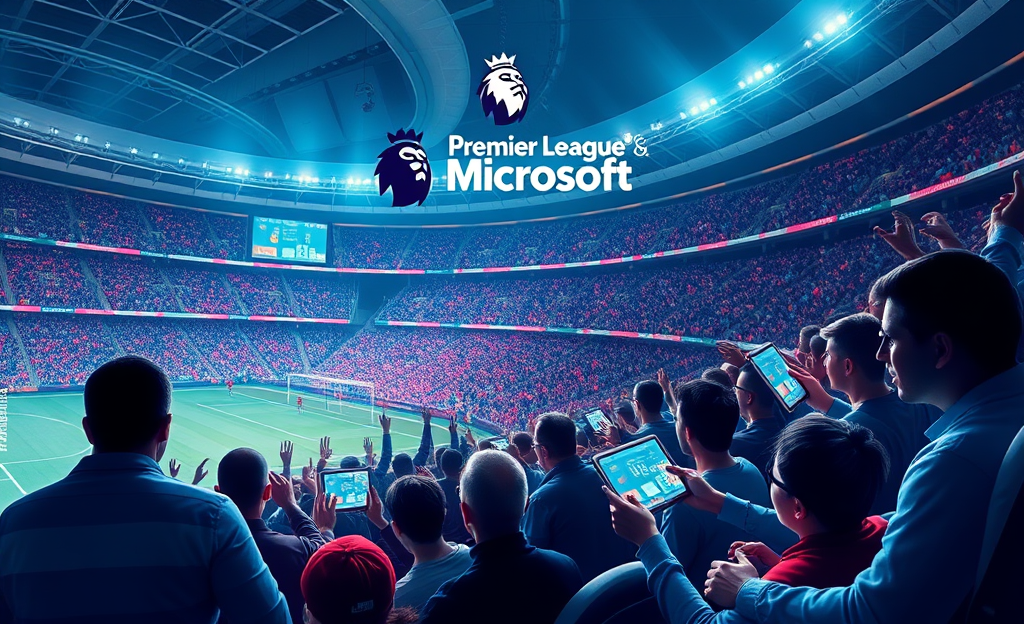 Imagem destacando a parceria entre a Premier League e a Microsoft para uso de Inteligência Artificial na experiência do usuário.
