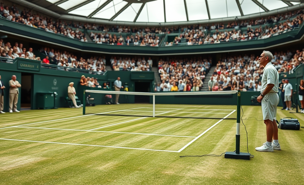 Imagem mostrando a transição do sistema de arbitragem no Wimbledon com juízes de linha humanos e a nova tecnologia de marcação eletrônica.