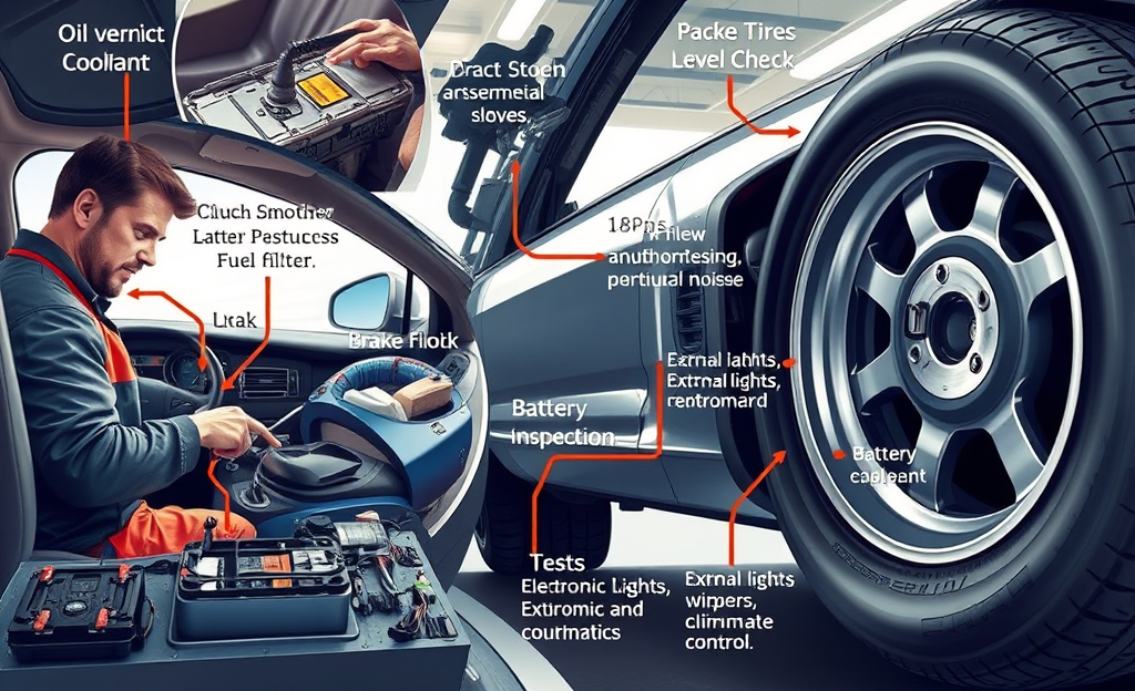 Verificação de veículos antes de viajar, incluindo checagem de sistemas do motor, freios e eletrônicos.