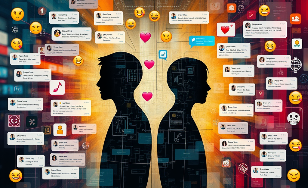 Imagem que ilustra interações mediadas por inteligência artificial em aplicativos de namoro, destacando questões de autenticidade e interação humana.