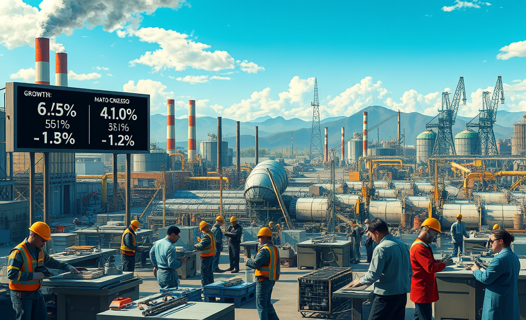 Gráfico mostrando os avanços e quedas na produção industrial em diversas regiões, destacando os setores em crescimento e os locais com maior declínio.