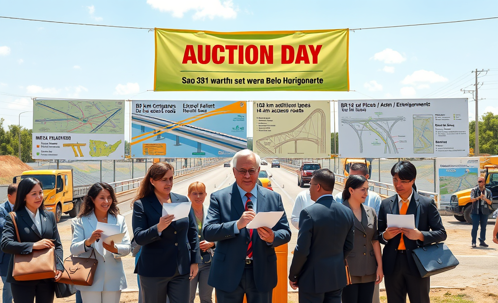 Imagem do leilão simplificado da BR-381 mostrando o processo de propostas e investimentos futuros.