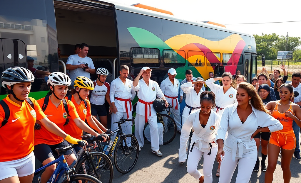 Atletas da delegação de Santos se preparando para embarcar para os Jogos Abertos do Interior, prontos para competir em diversas modalidades.