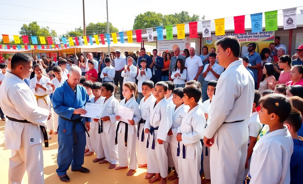 Cerimônia de troca de graduação da turma de judô, com alunos e familiares reunidos para celebrar conquistas e a formação cidadã através do esporte.