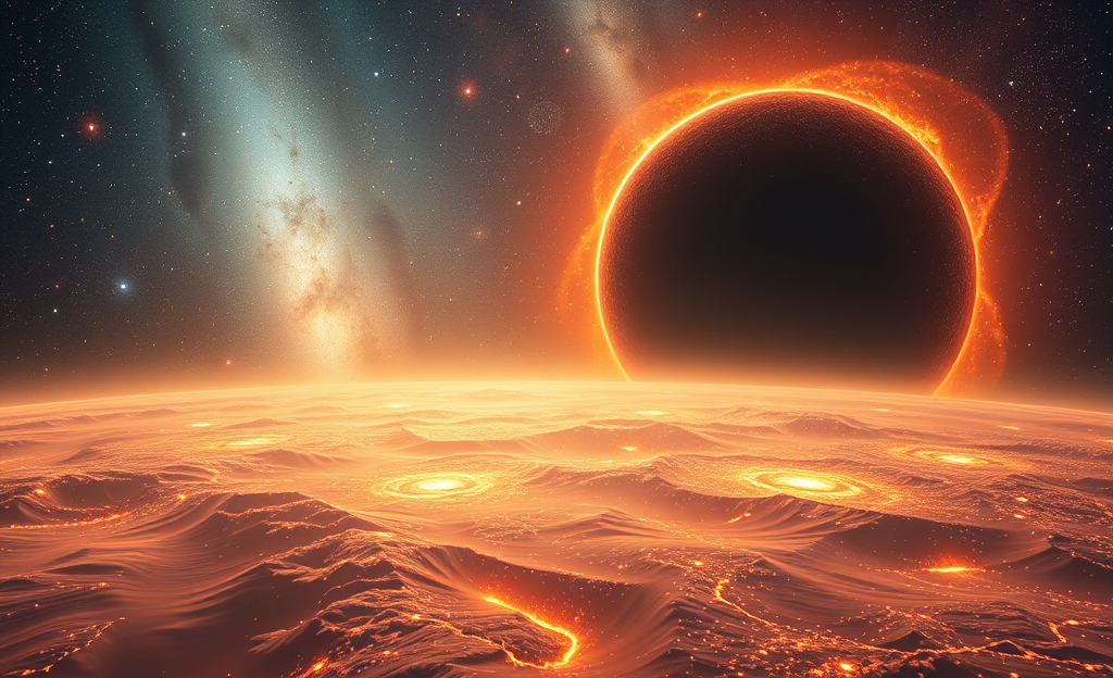 Imagem representativa do estudo da existência de um centro no Universo com ilustrações da radiação cósmica de fundo e expansão do cosmos.