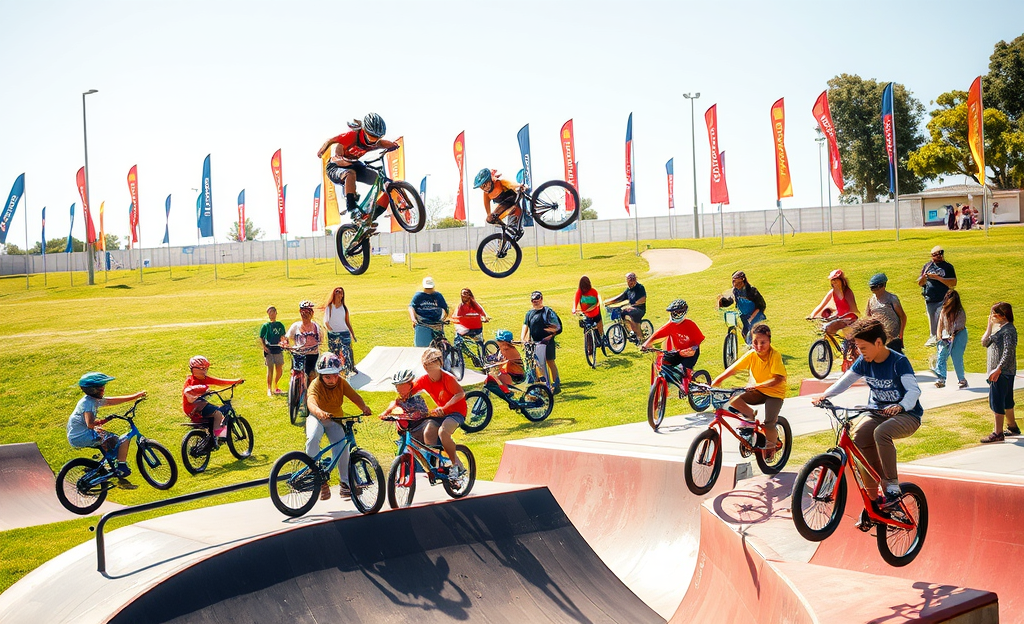 Crianças praticando BMX Freestyle durante vivência esportiva no Parque Municipal.
