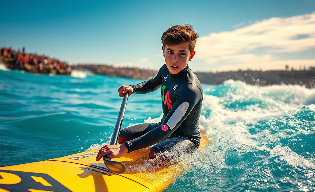 Pedro Emmanuel da Veiga competindo no stand up paddle surf, destacando-se como um jovem atleta com promissora carreira.