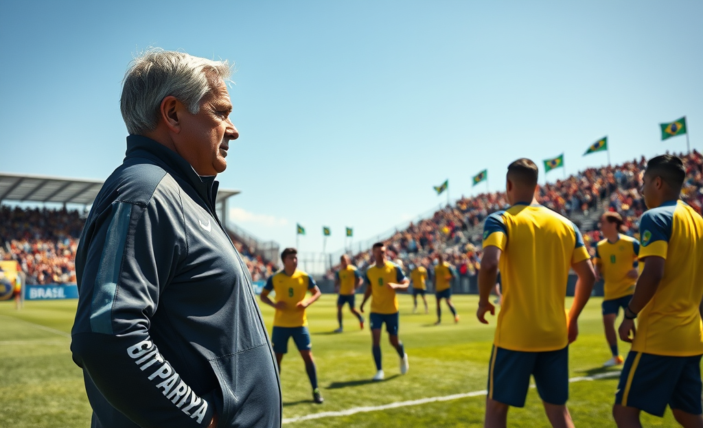 Carlo Ancelotti dirigindo a Seleção Brasileira em busca da vitória na Copa do Mundo.