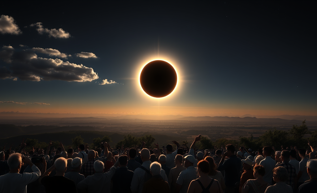 Eclipse solar total sendo observado no céu, com a lua cobrindo o sol de forma impressionante, refletindo o fenômeno astronômico.