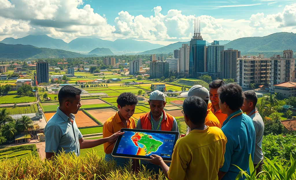 Imagem ilustrativa sobre os riscos climáticos no Brasil e a plataforma interativa que avalia vulnerabilidades em infraestrutura, agricultura e áreas urbanas.