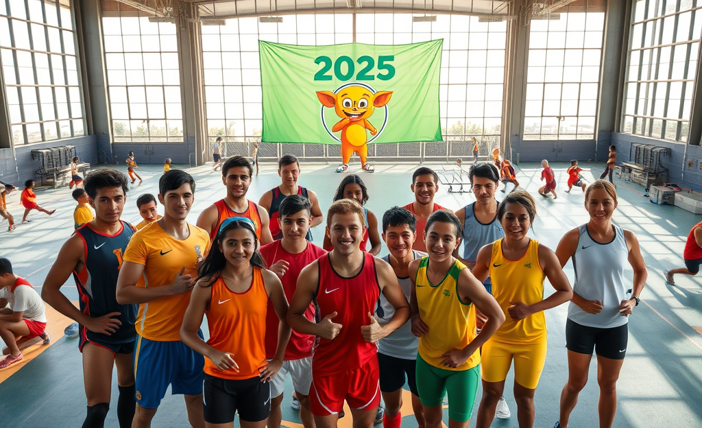 Atletas se beneficiando do Programa Geração Olímpica e Paralímpica, com destaque para o mascote Katu, simbolizando a identidade esportiva.