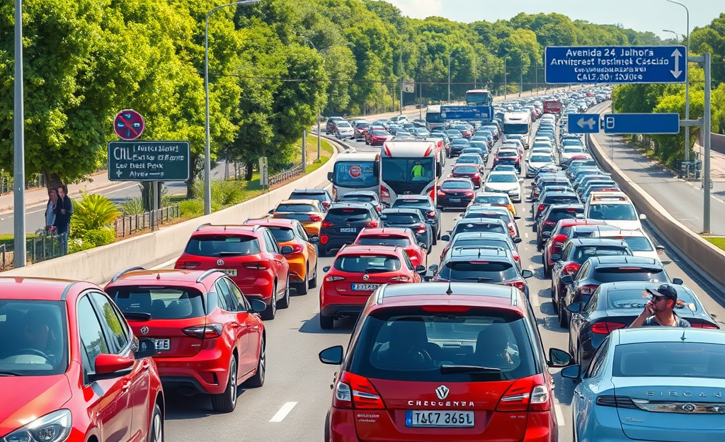 Imagem que ilustra o congestionamento e o afrouxamento do tráfego em direção a Cascais, destacando as principais vias afetadas.