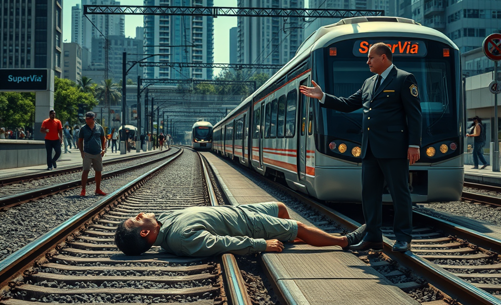 Funcionário da SuperVia sinaliza para um trem em um acidente ferroviário fatal.