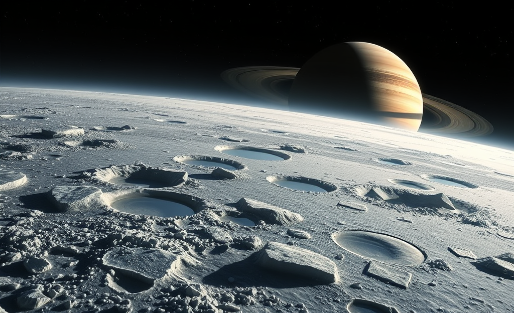 Imagem mostrando a superfície de Titã com gelo granizado e bolsas de água líquida.