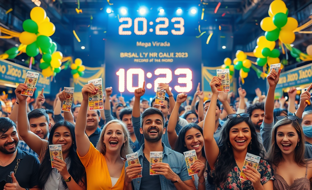 Imagem de um bilhete da Mega-Sena da Virada 2023 com o prêmio recorde em destaque.