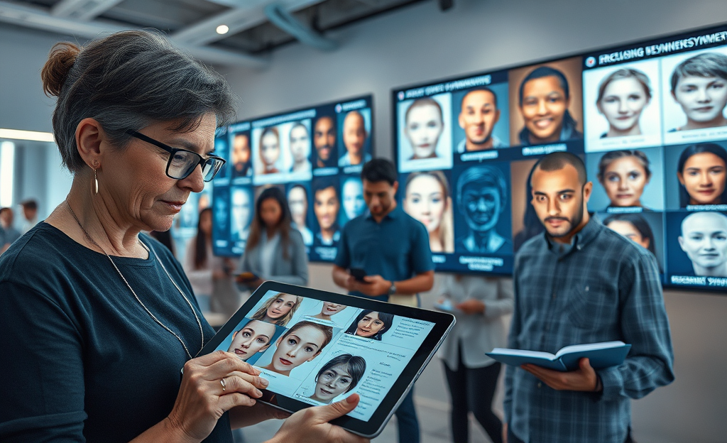 Imagem ilustrativa mostrando diferentes rostos gerados por inteligência artificial, evidenciando a importância do treinamento no reconhecimento facial.