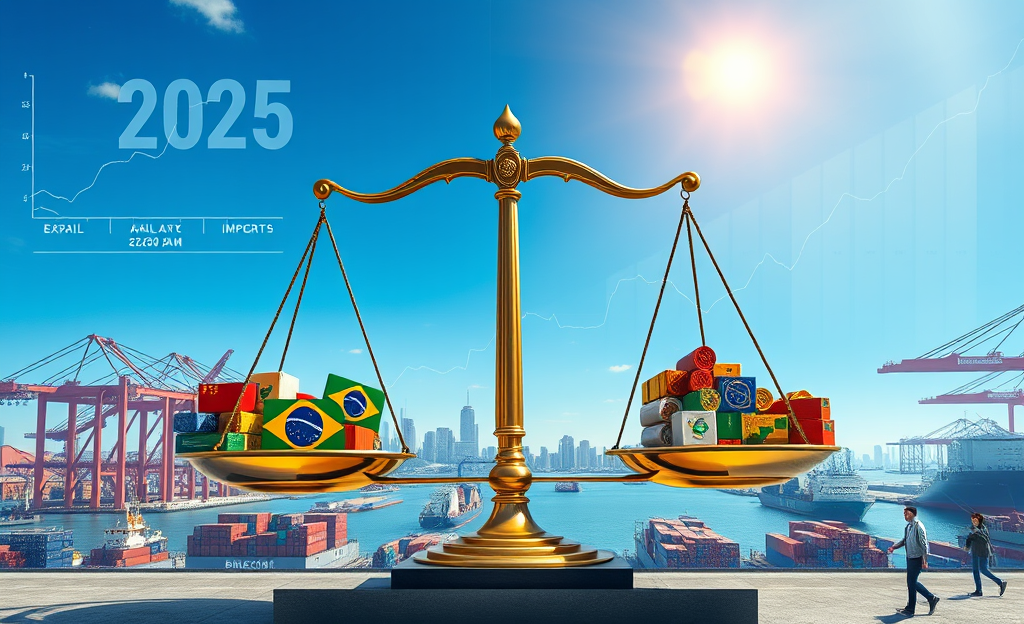 Gráfico ilustrando a balança comercial brasileira e suas exportações em 2025.