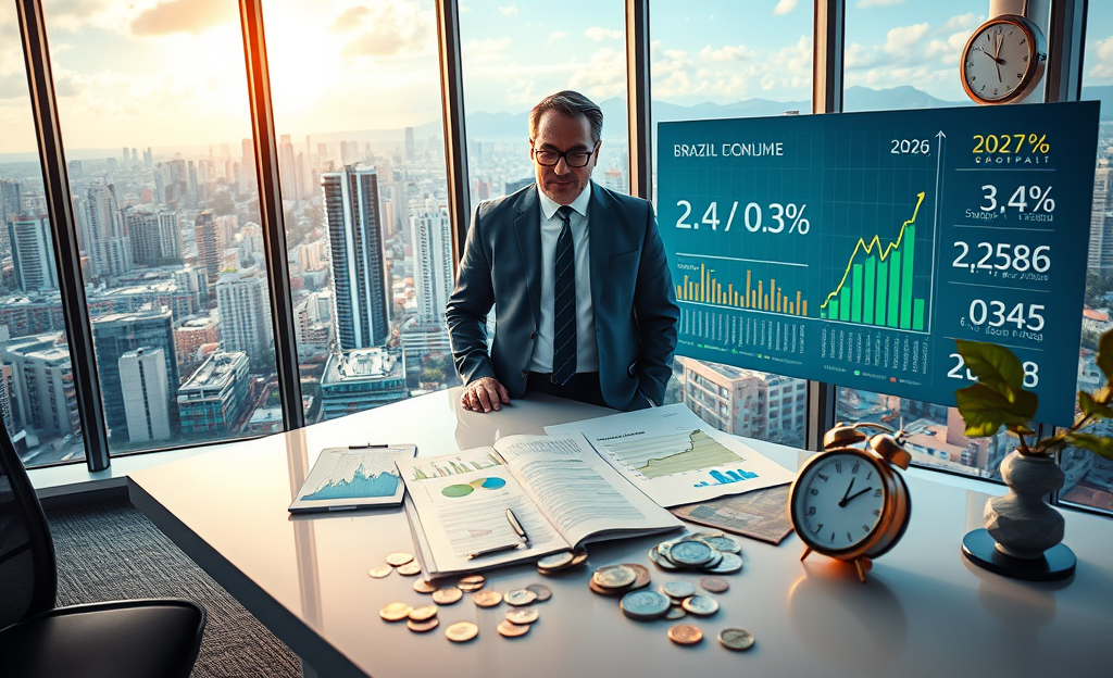Gráfico de crescimento econômico e taxas de juros no Brasil em 2026