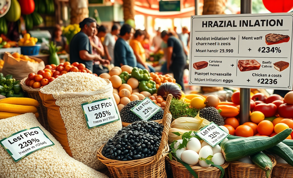 Gráfico mostrando a variação da inflação de alimentos e colheitas no Brasil em 2025.