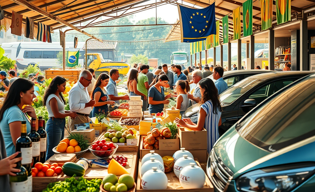 Acordo comercial entre Mercosul e União Europeia e seu impacto no consumo e setores produtivos do Brasil.