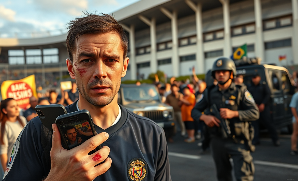 Entinen pelaaja osoittaa vammoja poliisin aggression jälkeen pelin ulkopuolella.