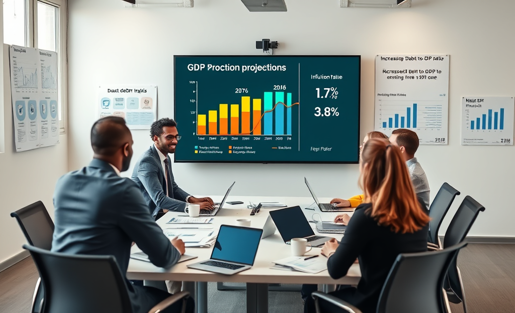 Gráfico demonstrando as projeções de crescimento do PIB, inflação e Selic para os próximos anos.
