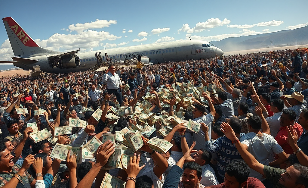 Cédulas caindo após um acidente aéreo de um avião de carga militar, gerando caos e confusão entre a população.