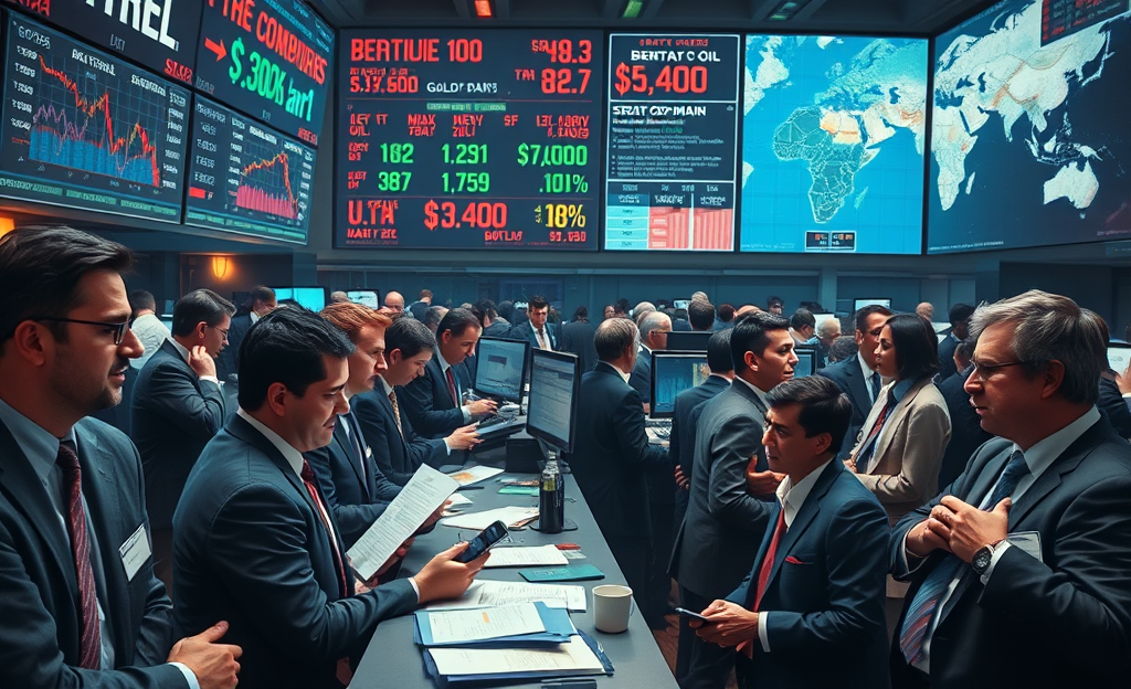 Gráficos mostrando a queda das ações e o aumento dos preços do petróleo devido ao conflito militar no Irã.