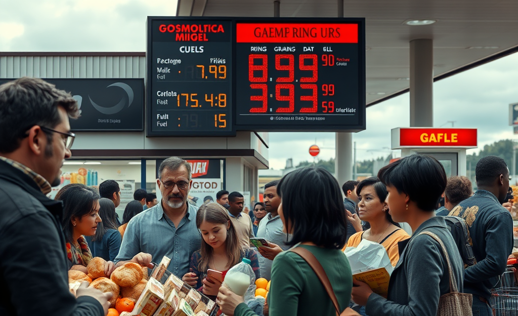 Imagem representativa dos impactos econômicos causados por conflitos geopolíticos, mostrando a relação entre guerras, inflação e preços de itens básicos.