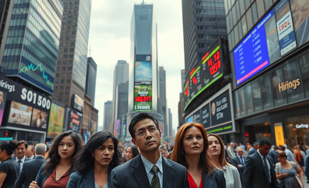 Gráfico mostrando previsão de crise econômica em 2028 com aumento do desemprego e queda do S&P 500.