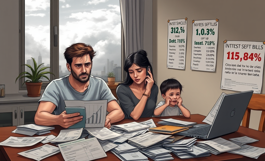 Gráfico mostrando a alta da inadimplência financeira entre adultos, destacando fatores como uso de cartões de crédito e taxas de juros.