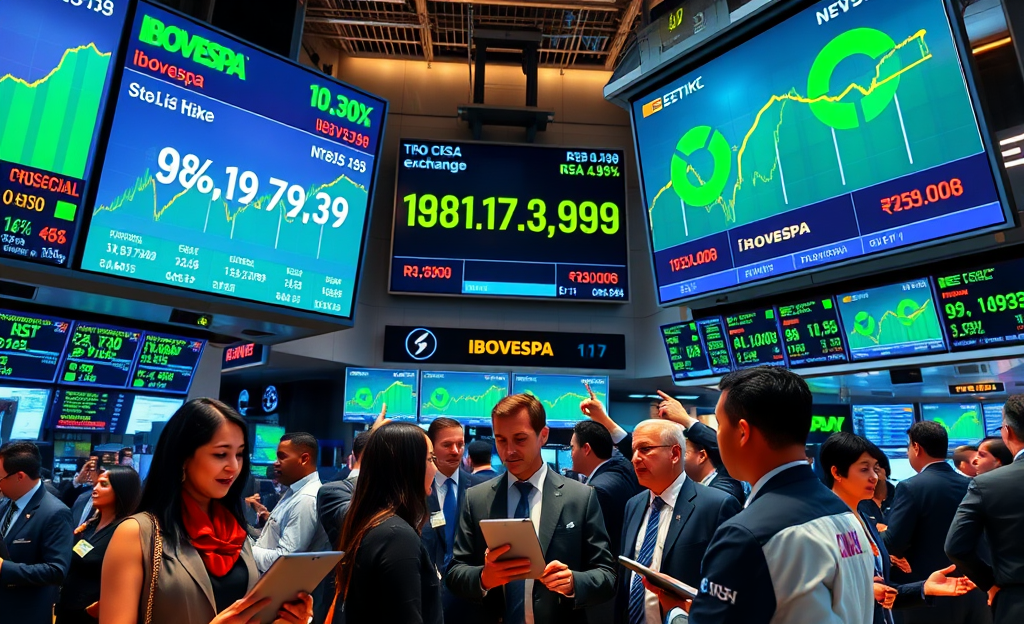 Gráfico mostrando a ascensão do Ibovespa acima de 198 mil pontos e a queda do dólar.