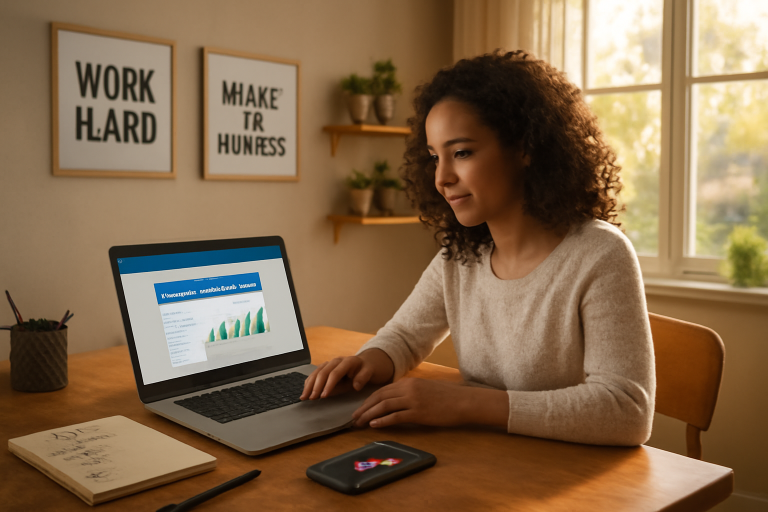 Imagem representando a geração de renda extra em casa, com elementos digitais e serviços online.