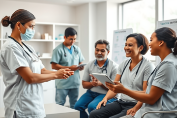 Profissionais de saúde imunizando pacientes em ambiente clínico moderno, ilustrando imunização segura e adesão aumentada