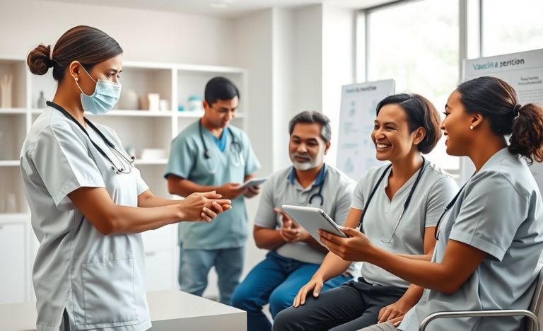 Profissionais de saúde imunizando pacientes em ambiente clínico moderno, ilustrando imunização segura e adesão aumentada