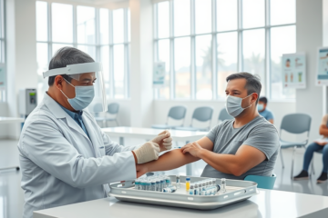 Profissional de saúde aplicando vacina em paciente dentro de clínica moderna durante pandemia, mostrando imunização atual