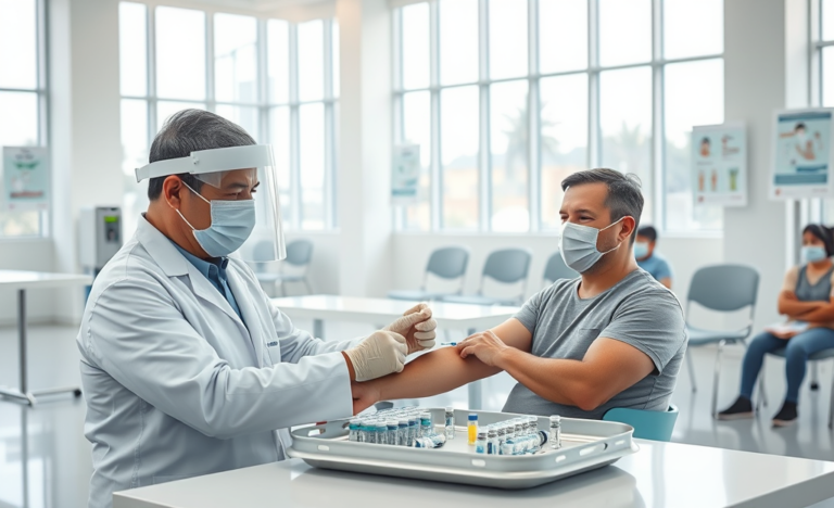 Profissional de saúde aplicando vacina em paciente dentro de clínica moderna durante pandemia, mostrando imunização atual