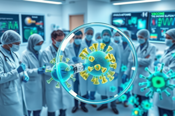 Ilustração detalhada em laboratório mostrando profissionais e células do sistema imunológico respondendo a vacinas para proteção