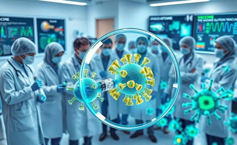Ilustração detalhada em laboratório mostrando profissionais e células do sistema imunológico respondendo a vacinas para proteção