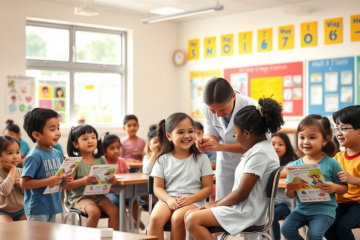 Alunos em sala de aula participando de evento de imunização escolar com enfermeira aplicando vacina em ambiente acolhedor e ensolarado