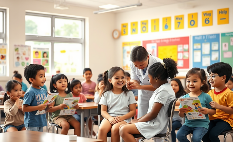 Alunos em sala de aula participando de evento de imunização escolar com enfermeira aplicando vacina em ambiente acolhedor e ensolarado