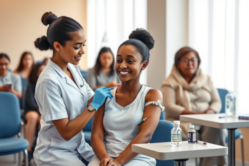 Mulher jovem recebendo vacina em clínica moderna, com enfermeira aplicando injeção para proteção da saúde com segurança